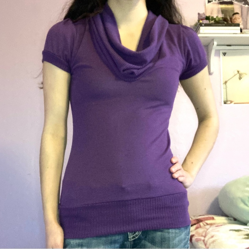 Y2k Active Basic dark purple long blouse with slouchy neck.